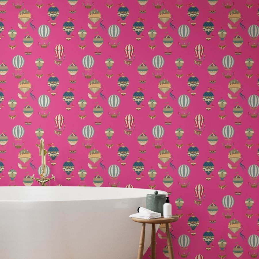 Huge Festooned Hot Air Balloons on Hot Pink Wallpaper hot air wallpaper