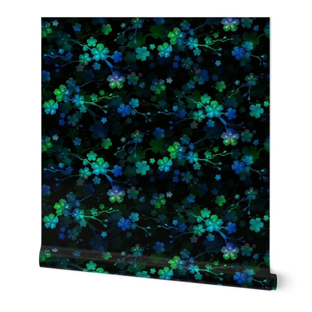 Bright Neon Green and Blue Cherry Blossom Flowers and Vines Wallpaper pastel vines wallpaper