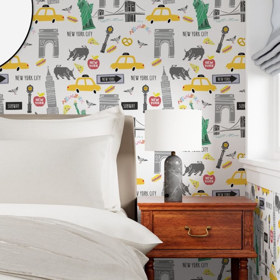 New York City Handdrawn Motifs Empire State Statue of Liberty Yellow Wallpaper bull of wall street wallpaper