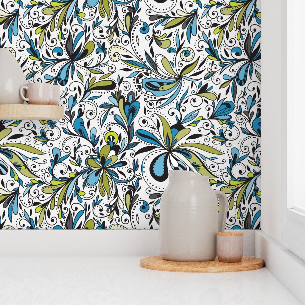 Floral Doodles Seamless Repeat Pattern in Blue and Green Wallpaper floral doodles wallpaper
