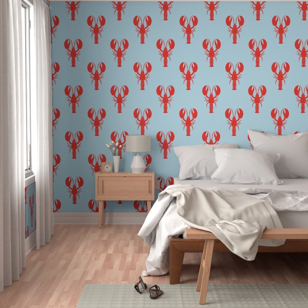Handdrawn Motif of a Red Lobster on Pale Blue Wallpaper maine lobsters wallpaper