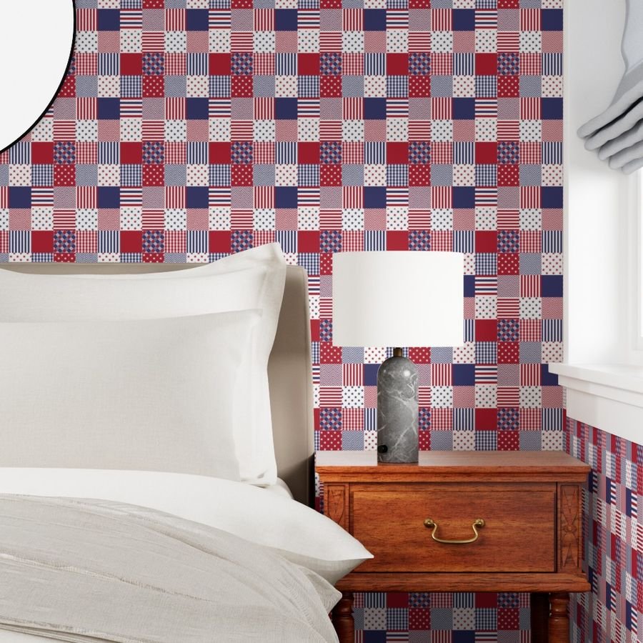 USA Micro Flag Patchwork Quilt Squares Wallpaper red white blue wallpaper