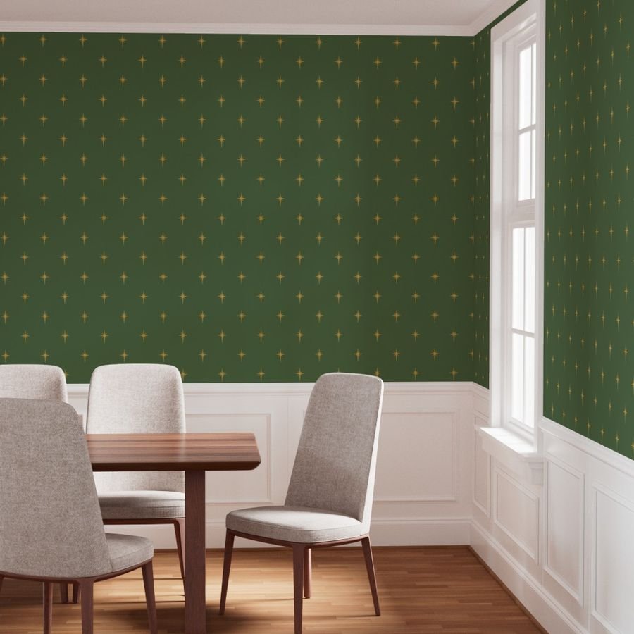 Christmas Faux Gold Foil Star in Fir Tree Green Wallpaper faux gold wallpaper
