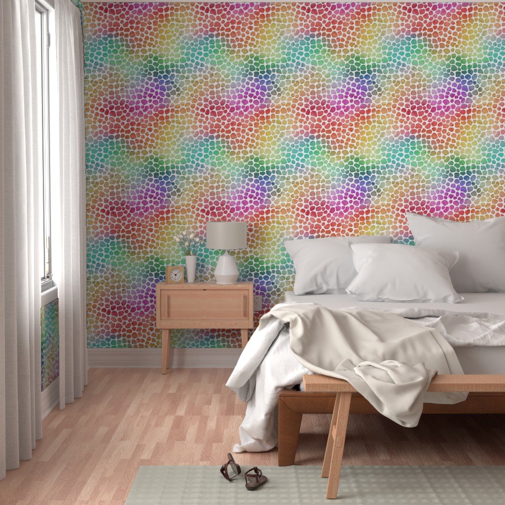 Rainbow Bright Pastel Mosaic Watercolor Spots in Mirror Repeat Wallpaper multicolor rainbow wallpaper