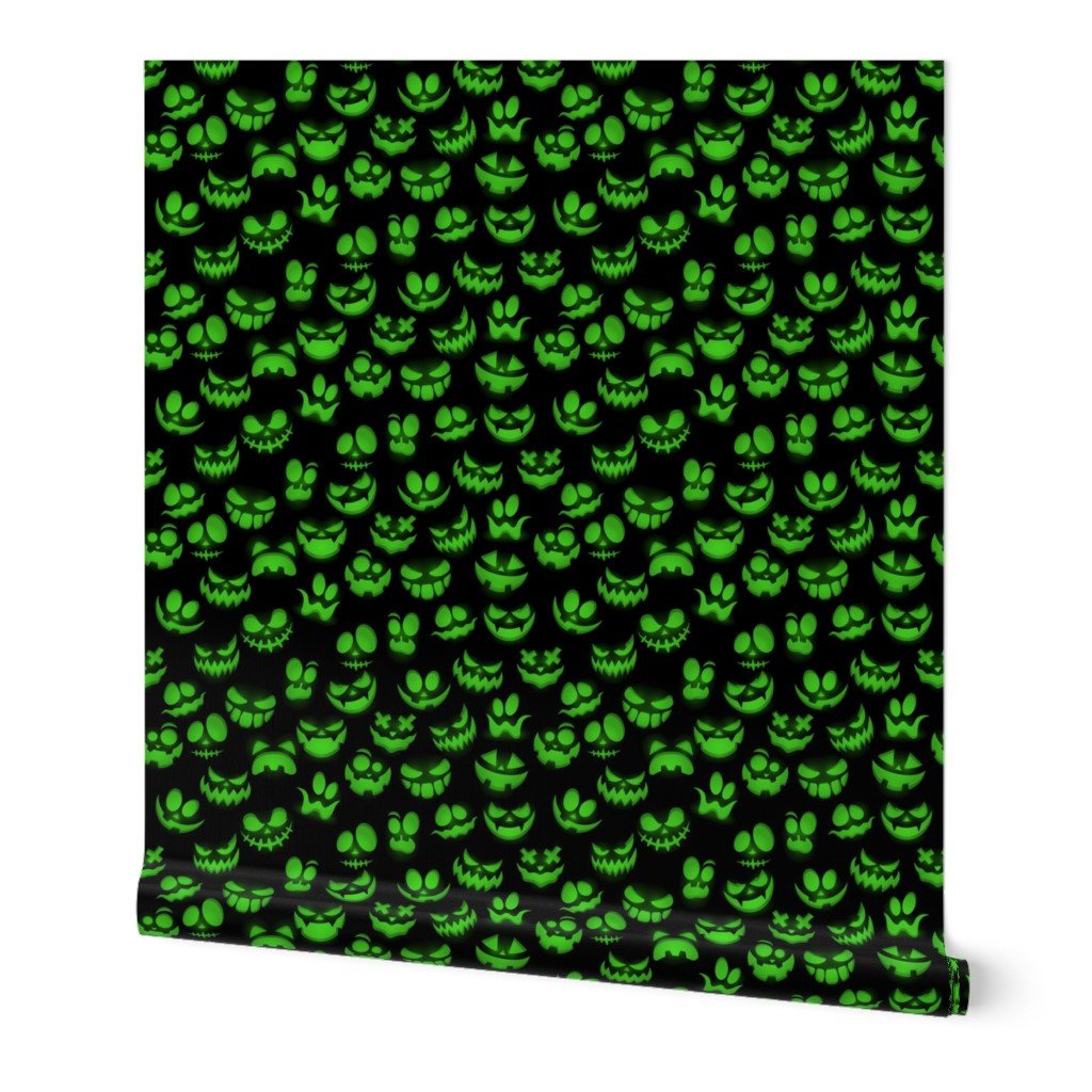 Mini Grinning Halloween Jack o Lantern Faces in Neon Green on Black Wallpaper green faces wallpaper