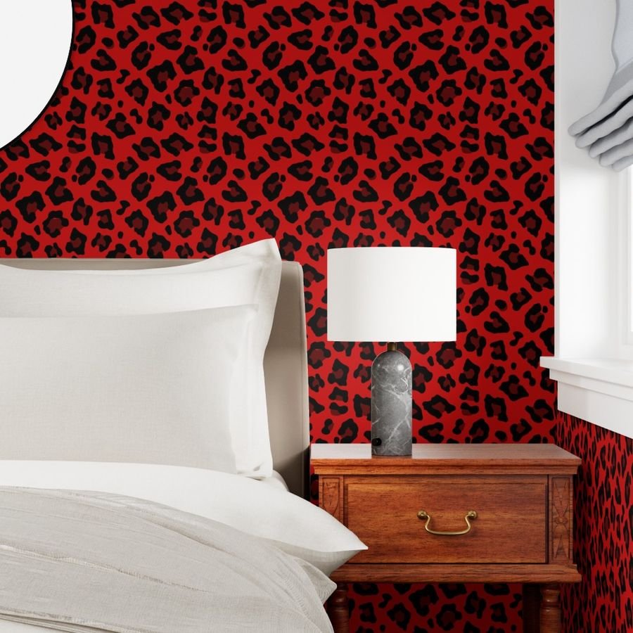 Jumbo Leopard Spots Animal Repeat Pattern Print in Red and Black Wallpaper animal print wallpaper