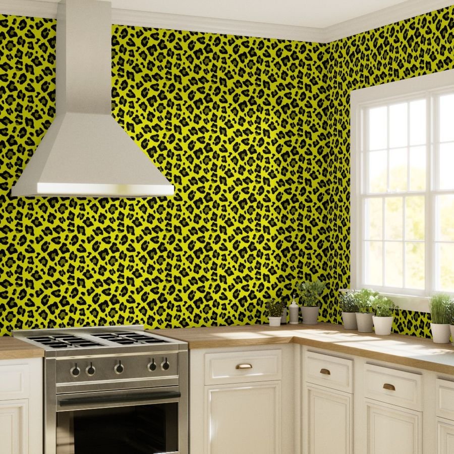 Jumbo Leopard Spots Animal Repeat Pattern Print in Yellow and Black Wallpaper animal print wallpaper