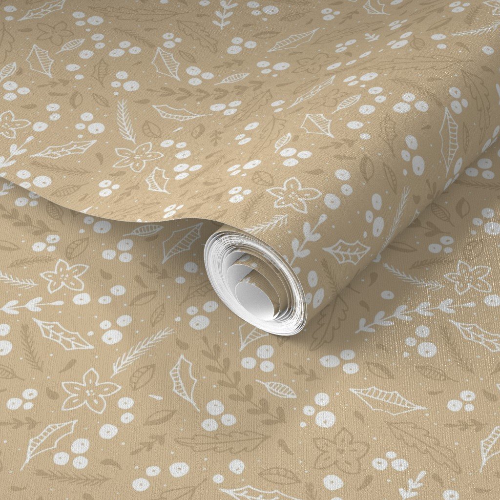 Christmas Beige and White Small Holly and Mistletoe Repeat on Pale Wallpaper christmas blooms wallpaper