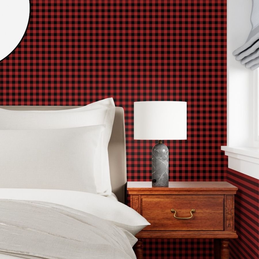 Christmas Holly Berry Red and Black Buffalo Check 1 inch Wallpaper red black check wallpaper