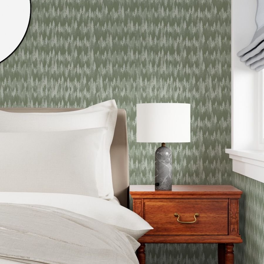 Endless Evergreen Forest with Fir Trees in Shades of Sage Green Wallpaper evergreen forest wallpaper
