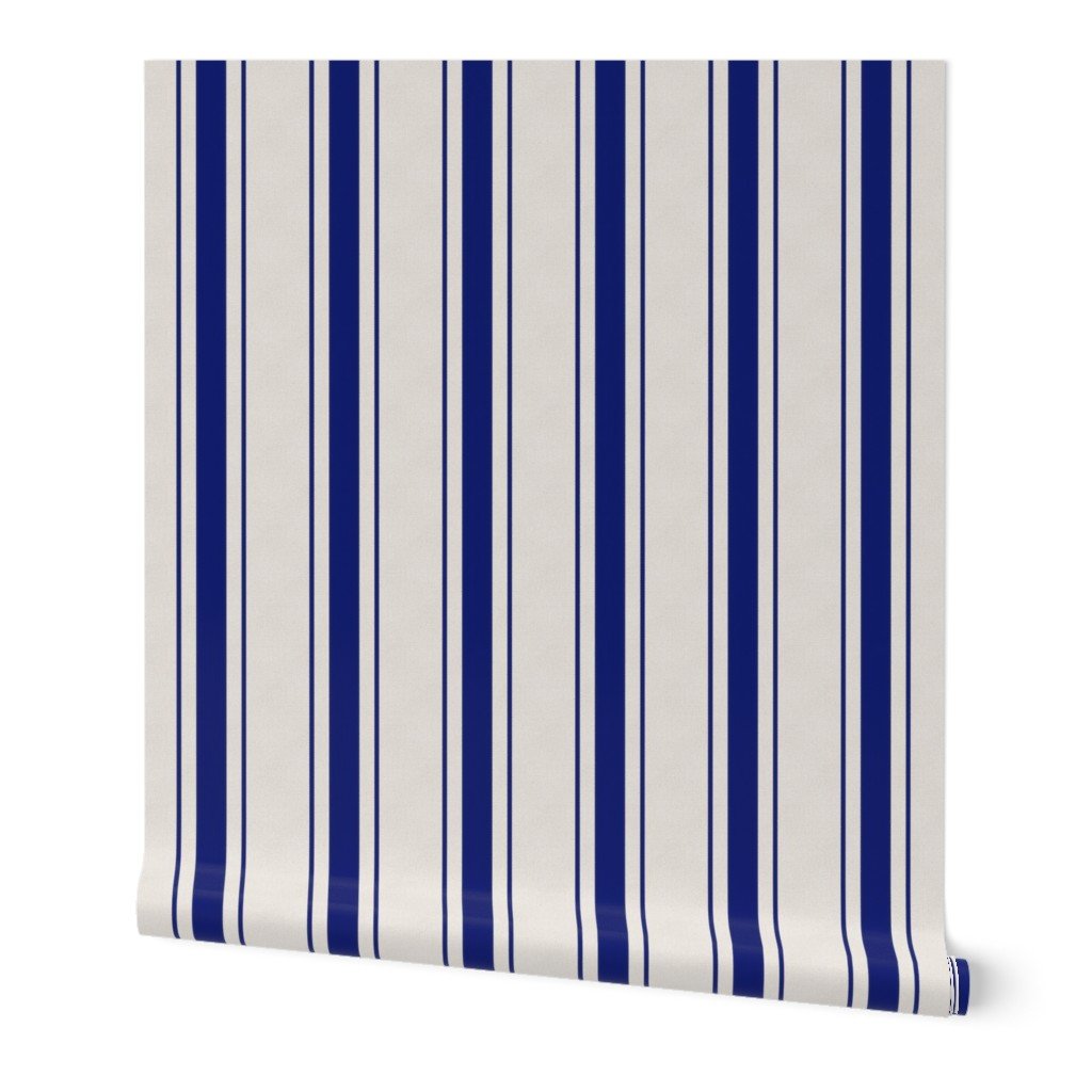 Navy Blue Antique Vintage Mattress Ticking Stripe on Cream Wallpaper blue stripes wallpaper