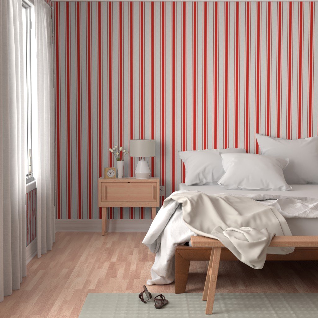 Garnet Red Antique Vintage Mattress Ticking Stripe on Cream Wallpaper garnet red wallpaper