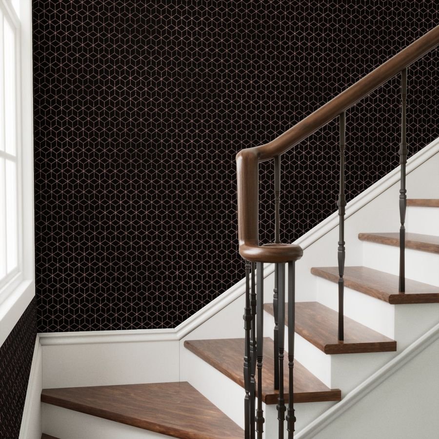 Large Black and Faux Metallic Rose Gold Art Deco 3D Geometric Cubes Wallpaper art deco patter wallpaper