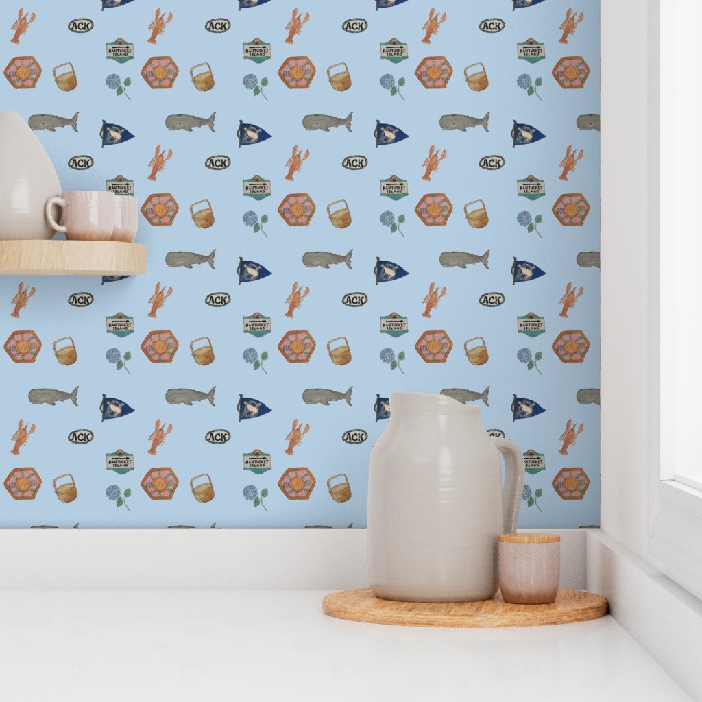 Nantucket Island Hand Painted Watercolors of its Symbols Signs and Wallpaper lightship baskets wallpaper