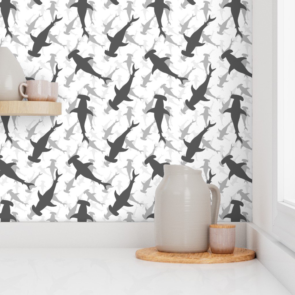 Hammerhead Sharks in Grey Silhouette Circling on White Wallpaper blue wallpaper