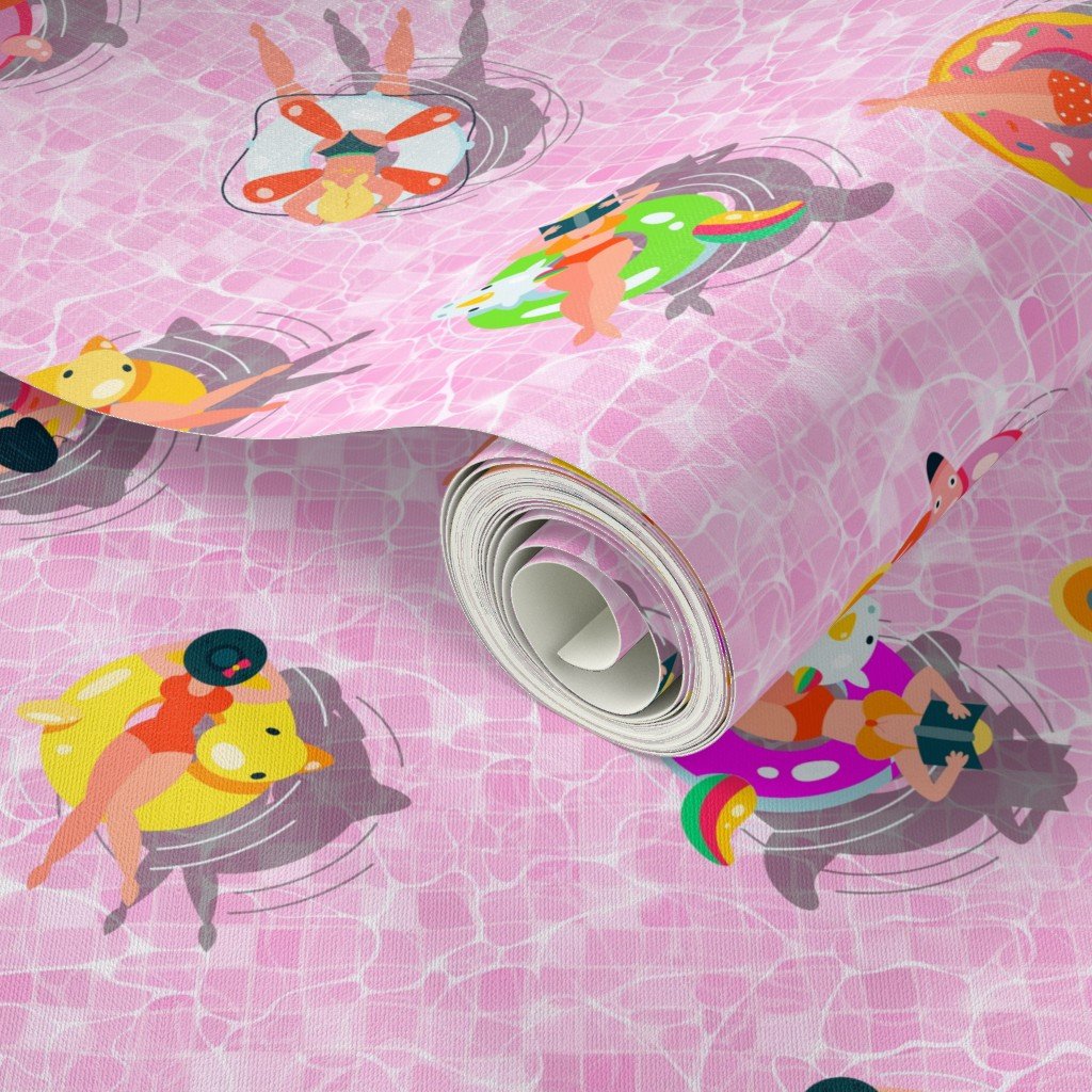 Pink Summer Pool Party with Ring Floats and Swimmers Wallpaper pink pool wallpaper