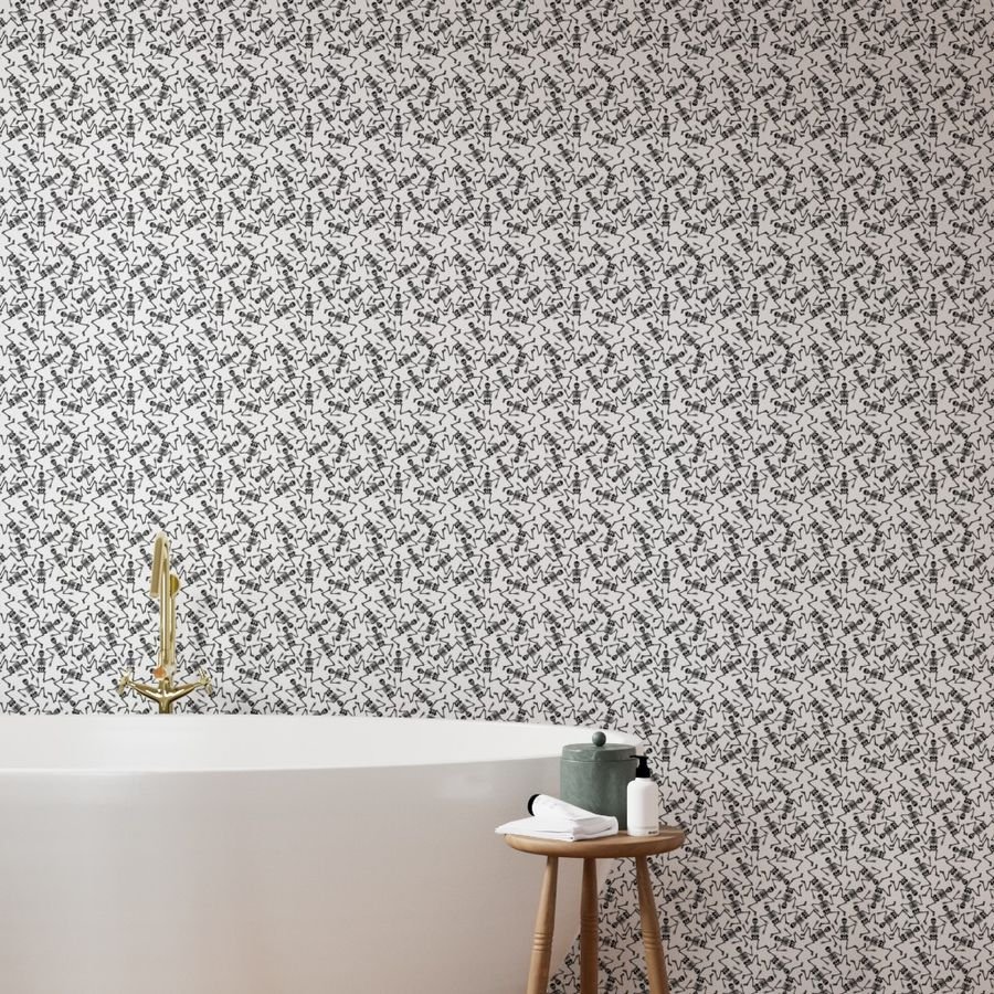Small Black Dancing Halloween Skeletons Scattered On White Wallpaper black skeletons wallpaper