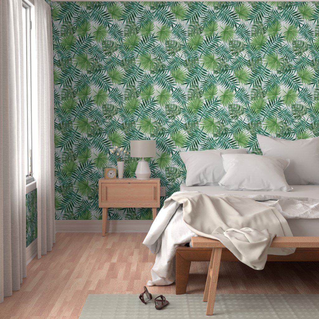 Large Green Fern Palm and Monstera Tropical Plants Wallpaper palm leaves wallpaper