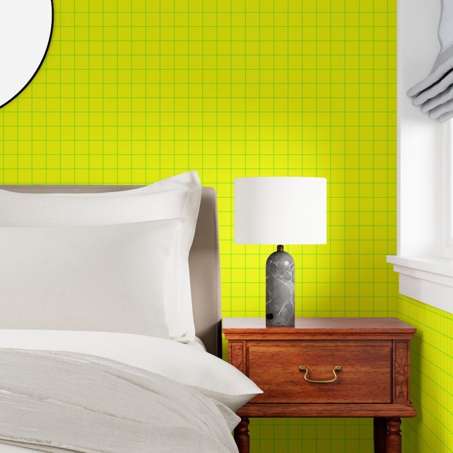 Green on Yellow on Lemon and Lime Grid 2 inch Wallpaper neon green wallpaper