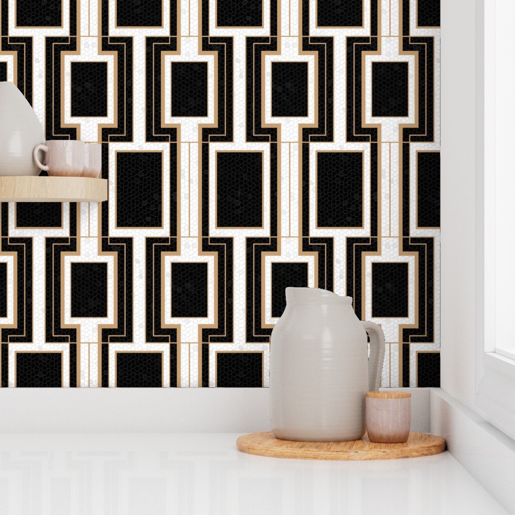 Small Art Deco Geometric Rectangles in Cracked Black and Faux Gold Wallpaper cracked pattern wallpaper