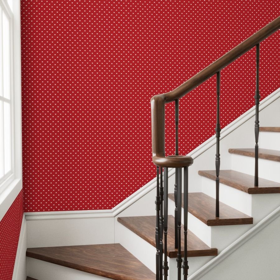 Mini White Valentines Polkadot Love Hearts on Poppy Red Background Wallpaper poppy white wallpaper