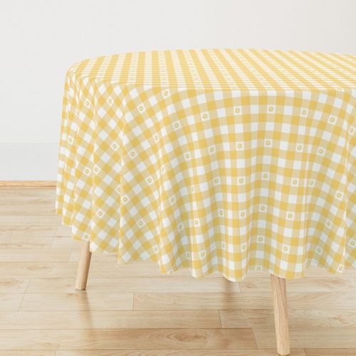 Buttercup Yellow and White Gingham Check with Center Floral Medallions in Home Decor Collection Home Styling Collection gingham with flower tablecloth design