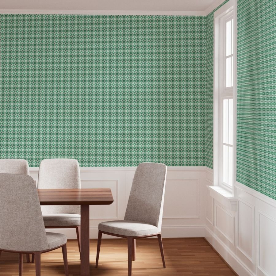 Kelly and White Gingham Check with Center Shamrock Medallions in Wallpaper shamrock motif wallpaper