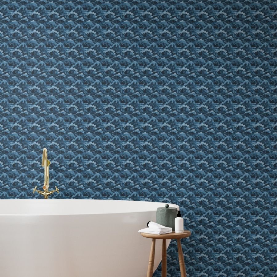 Japanese Woodcut Big Tsunami Waves in Shades of Mid-Blue Wallpaper japan wave wallpaper