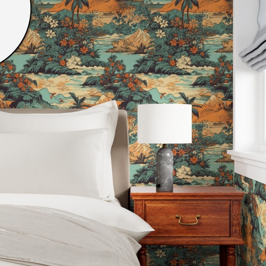 Vintage Hawaiian Landscape Teal Interior Collection Home Styling Collection old hawaii wallpaper
