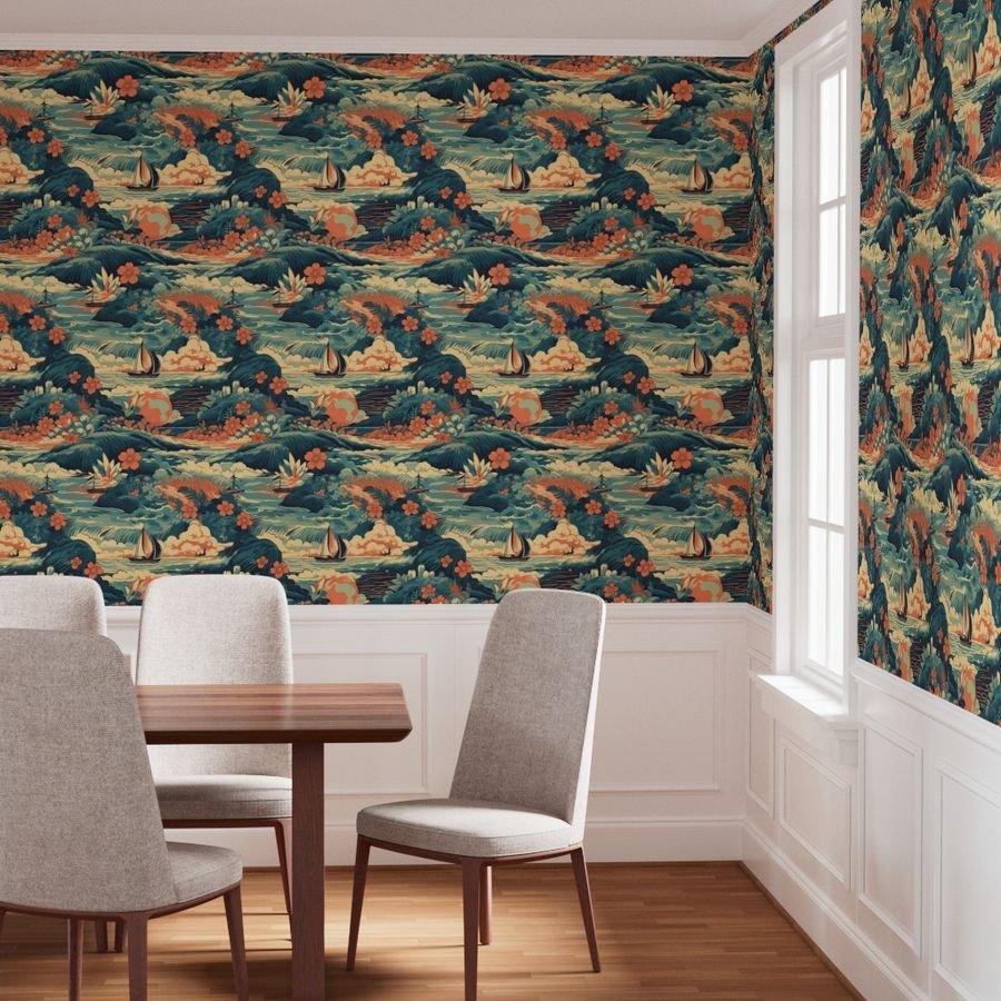 Vintage Hawaiian Seascape Wallpaper teal seascape wallpaper
