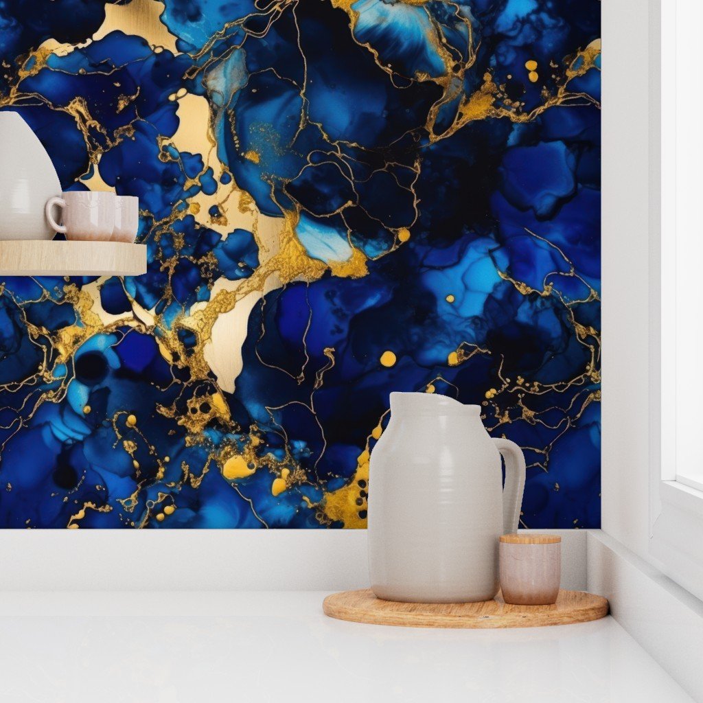Cobalt Blue and Gold Alcohol Ink 2 Wallpaper inky pattern wallpaper