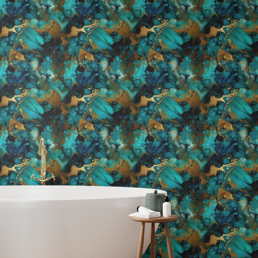 Turquoise and Gold Alcohol Ink 1 Wallpaper inky swirls wallpaper