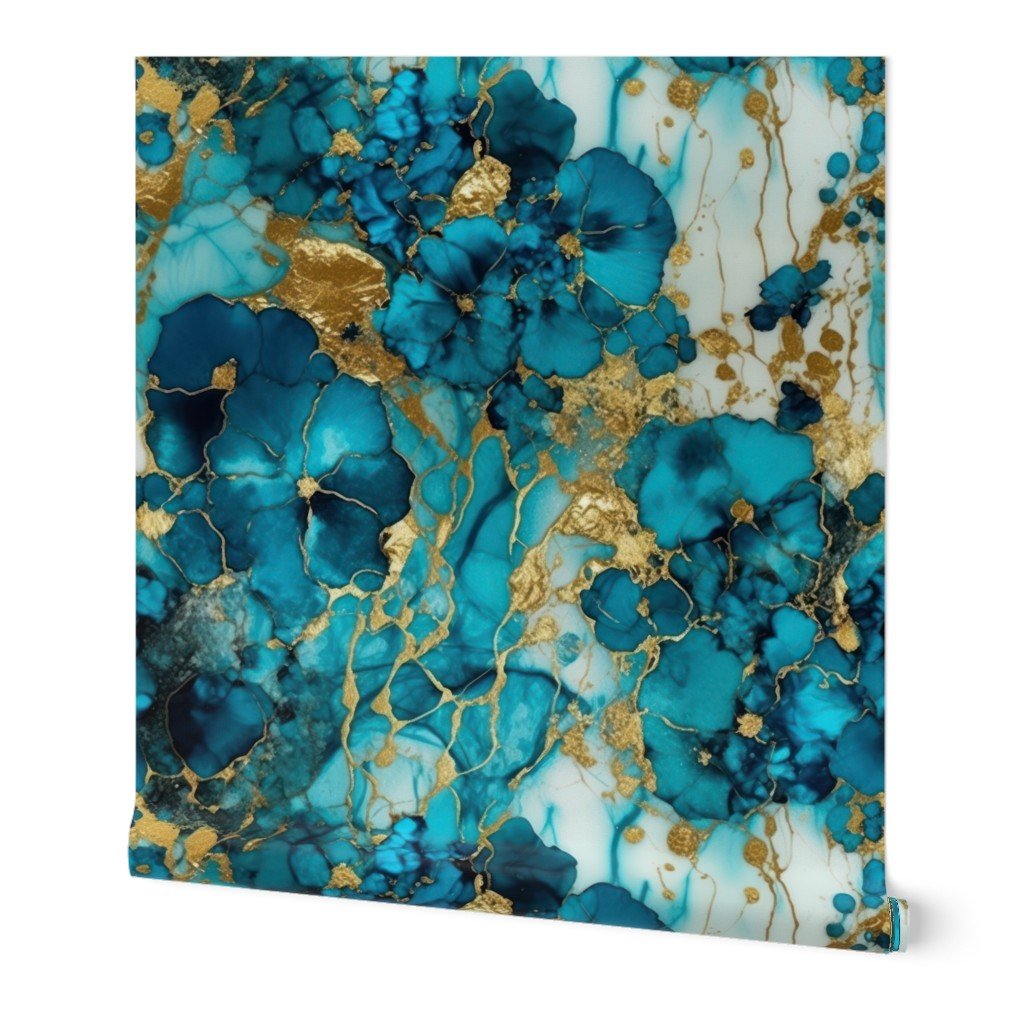 Turquoise and Gold Alcohol Ink 4 Wallpaper inky swirls wallpaper