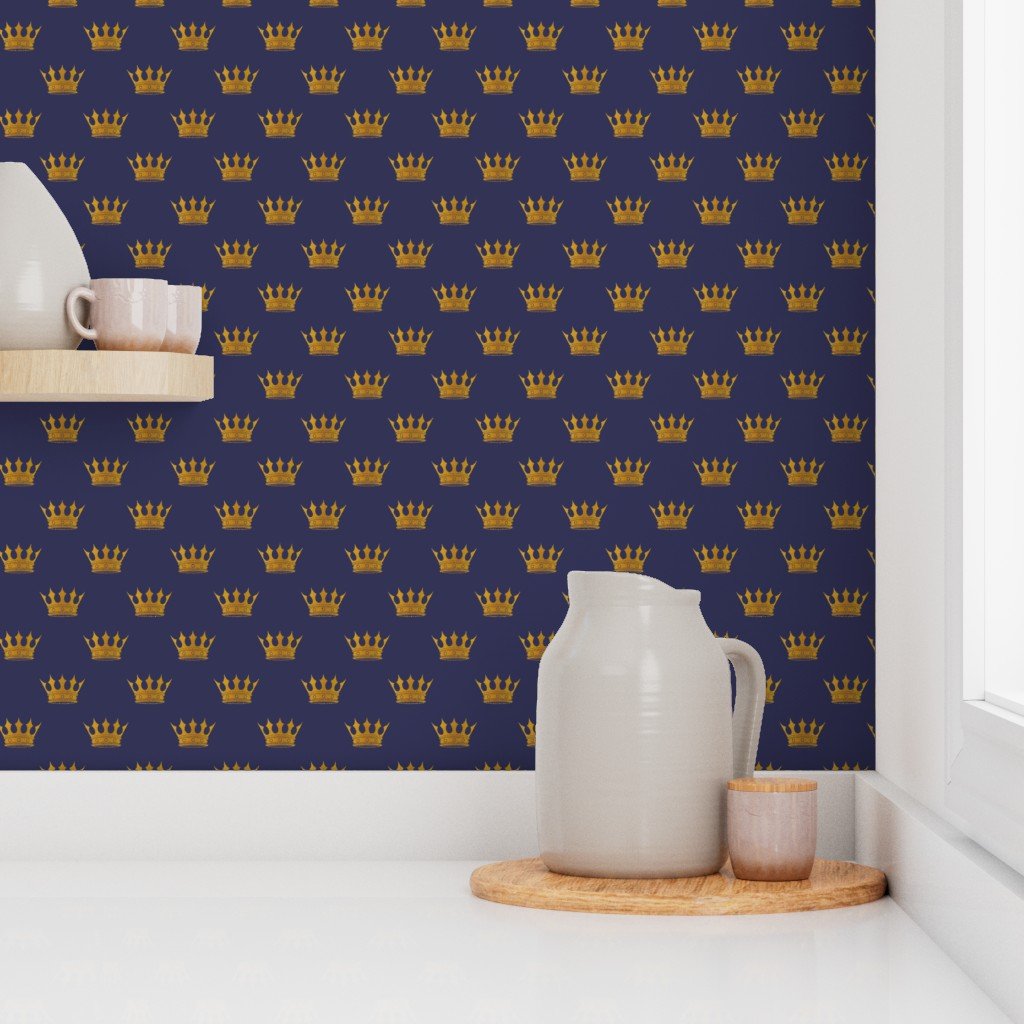 Small 1.5 Inch Gold Crowns on Royal Blue Wallpaper faux gold wallpaper