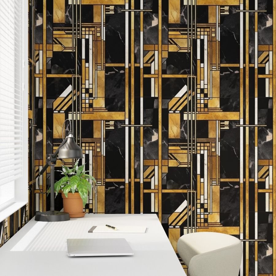 De Stijl Geometric Art Deco Pattern in Black and Gold Wallpaper de stijl wallpaper