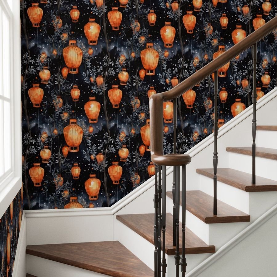 Orange Glowing Chinese Paper Lanterns Watercolor Wallpaper orange chinese lante wallpaper