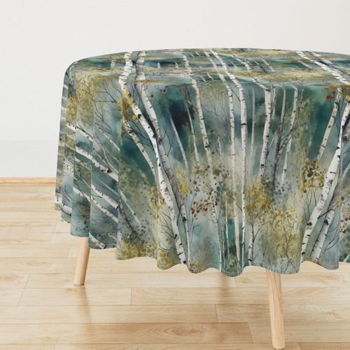 Endless Birch Tree Dreamscape Trees in Misty Forest Watercolor Design Collection Home Decor Collection birch forest tablecloth design