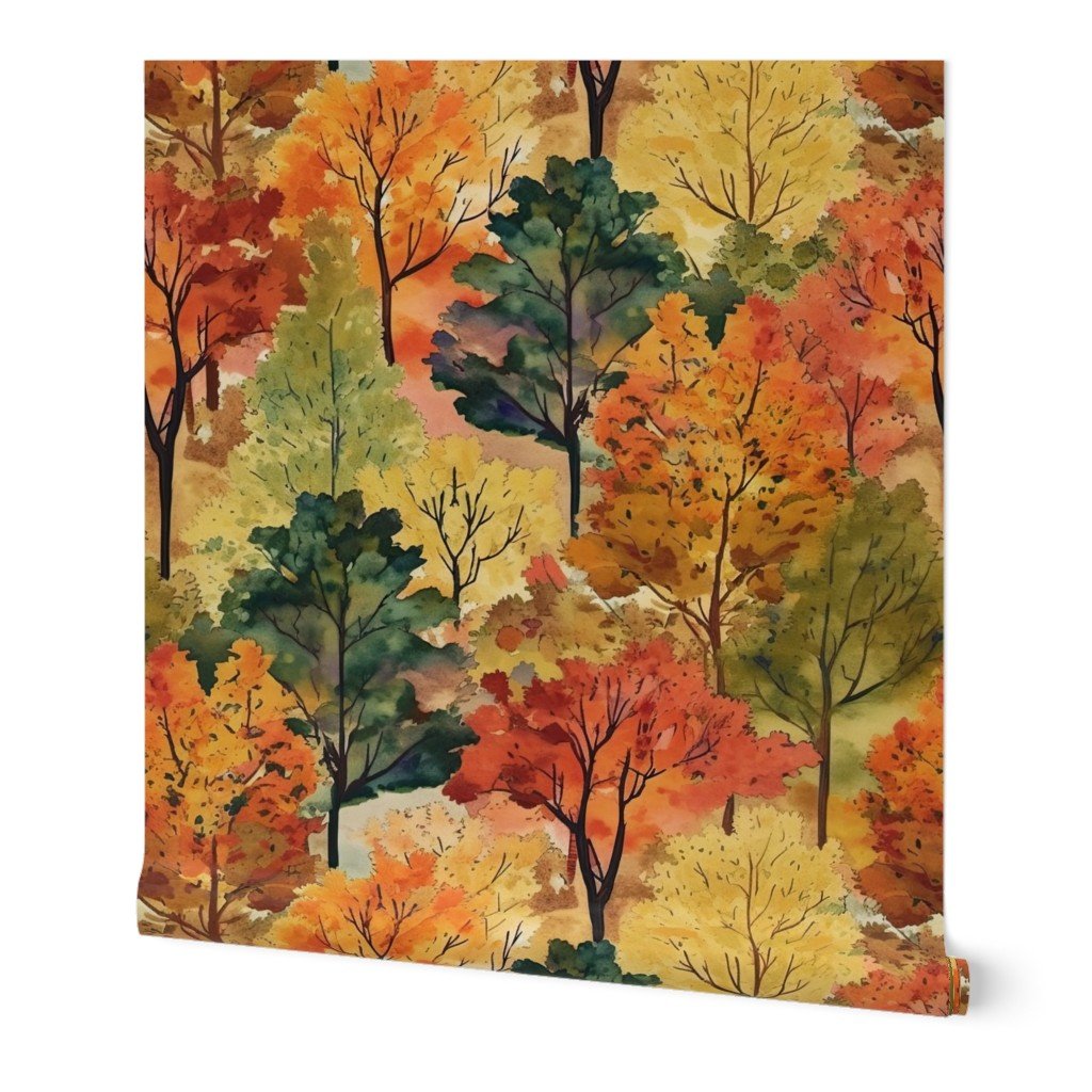 Watercolor of New England Endless Forest Fall Trees Wallpaper fall trees wallpaper