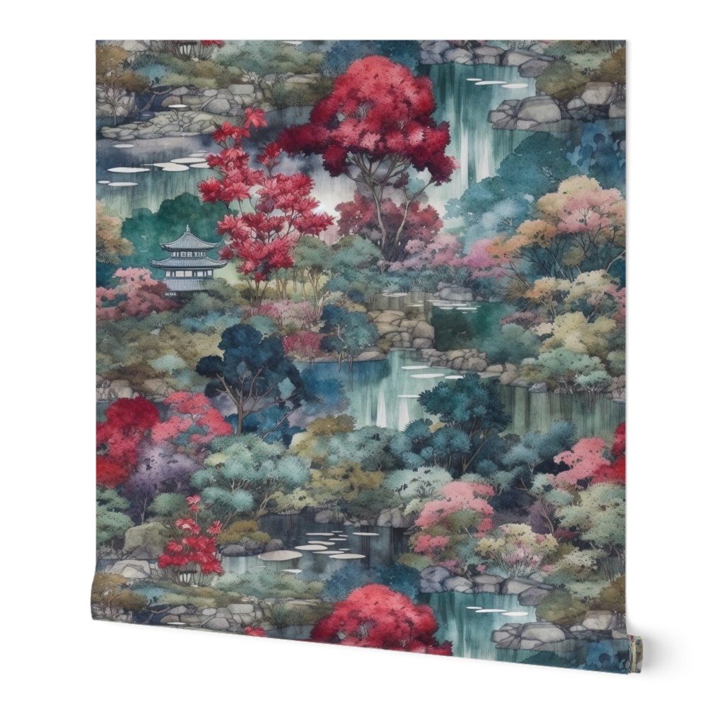 Japanese Water Garden Watercolor with Temples Wallpaper tranquil gardens wallpaper