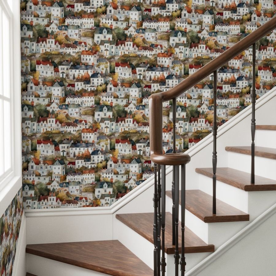 English Town Houses in Watercolor Wallpaper town houses wallpaper