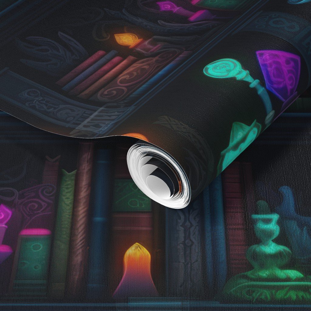 Spooky Photo realistic Dark Academia Bookshelves in Bright Neons Wallpaper lantern skulls wallpaper
