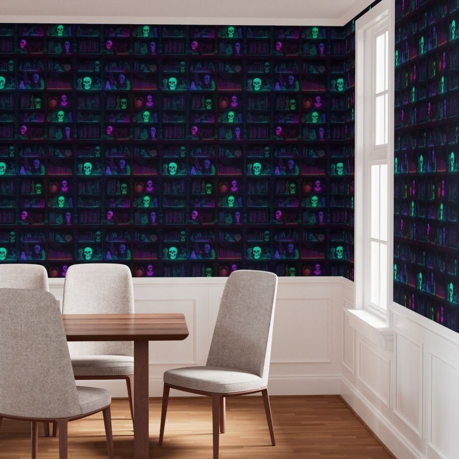 Spooky Photo realistic Dark Academia Bookshelves in Bright Neons Wallpaper lantern skulls wallpaper