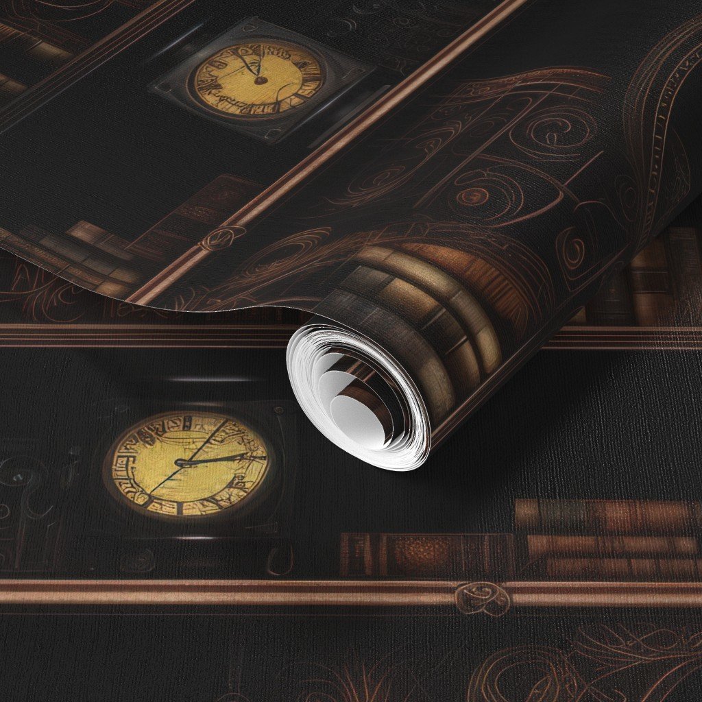 Spooky Photo realistic Dark Academia Stampunk Bookshelves in Muted Wallpaper lantern skulls wallpaper
