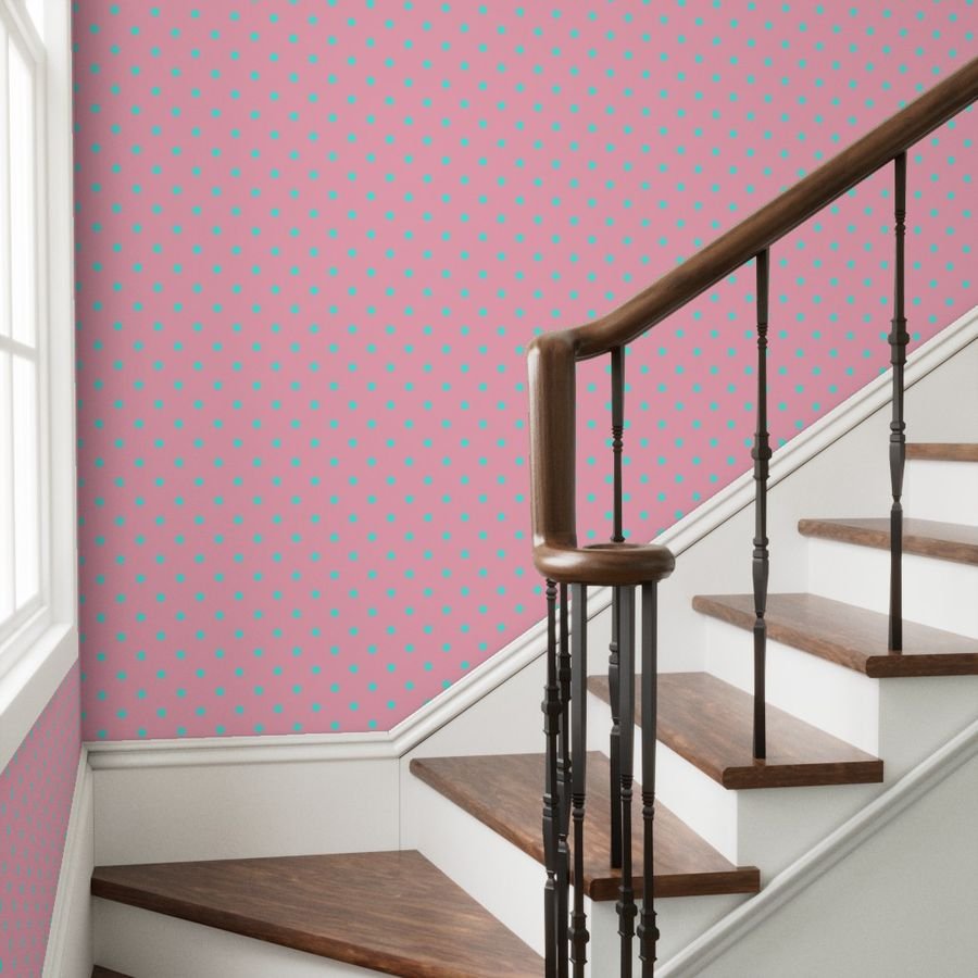 Large Polka Dots in South Beach Aqua Blue on Palm Beach Pink Wallpaper blue and pink wallpaper