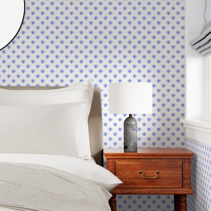 Blue Faux-foiled Bees on White Home Styling Collection Home Decor Collection honey bees wallpaper
