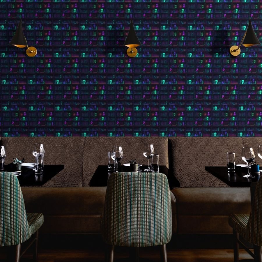 Small Spooky Photo realistic Dark Academia Bookshelves in Bright Wallpaper neon library wallpaper