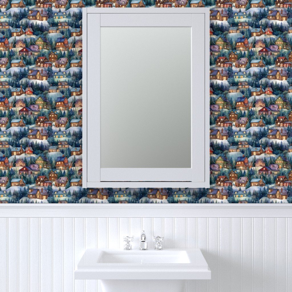 Small Christmas Rustic Country Winter Cabins Watercolor Wallpaper christmas village wallpaper