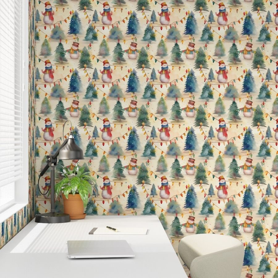 Christmas Snowmen with Christmas Lighted Trees Watercolor Wallpaper winter snow wallpaper