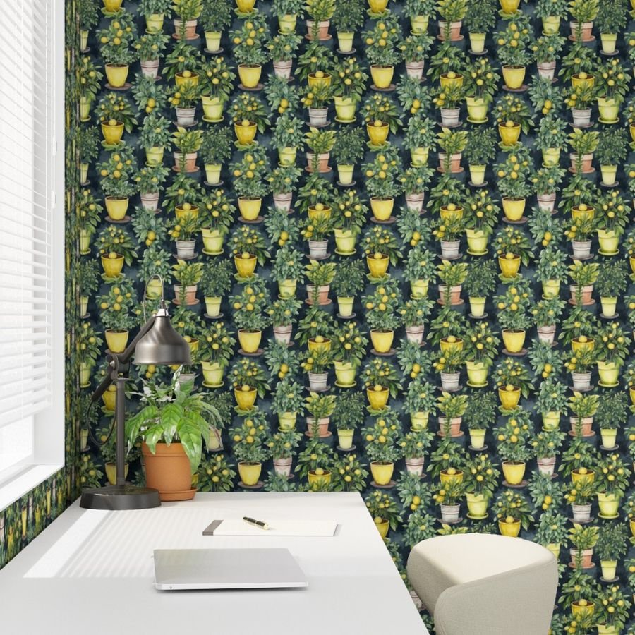 Potted Lemon Trees Watercolor on Dark Green Wallpaper nursery plants wallpaper