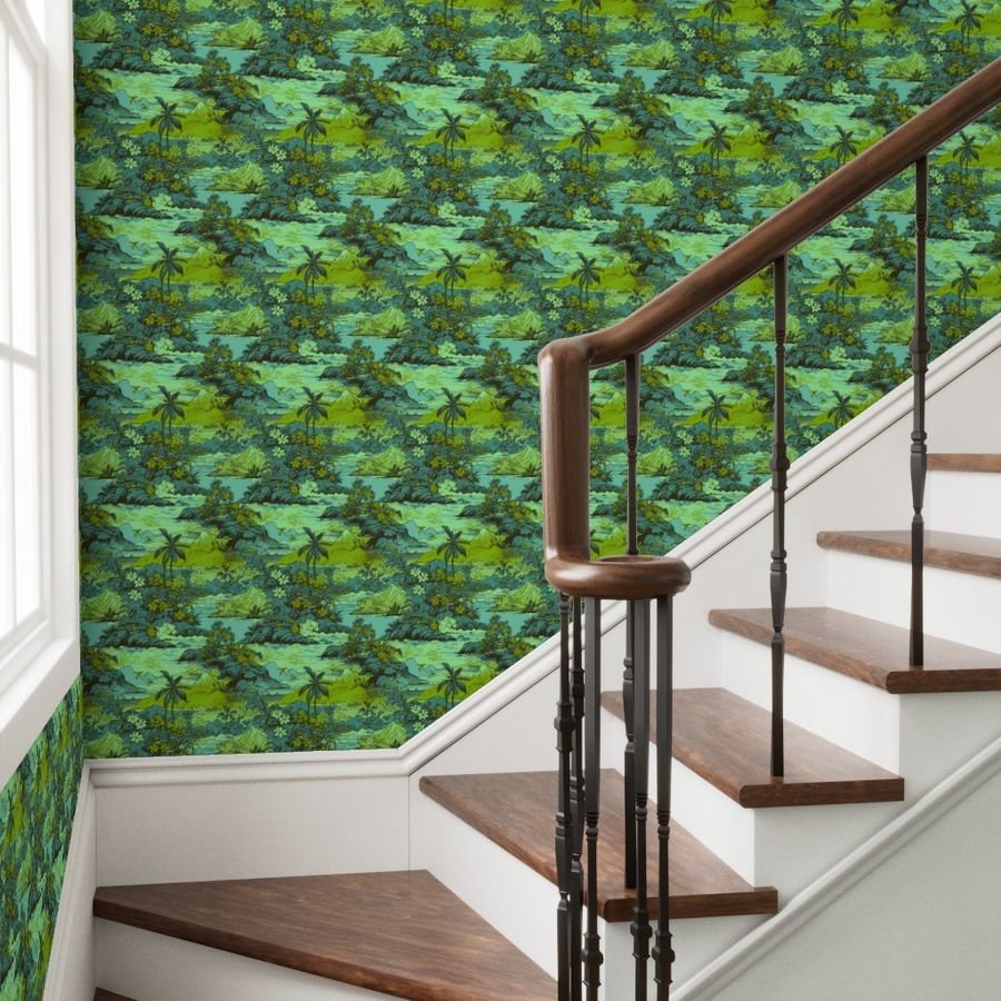 Small Vintage Hawaiian Landscape in Lime and Aqua Wallpaper hawaiian print wallpaper